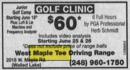 West Maple Tee Driving Range - June 2001 Ad